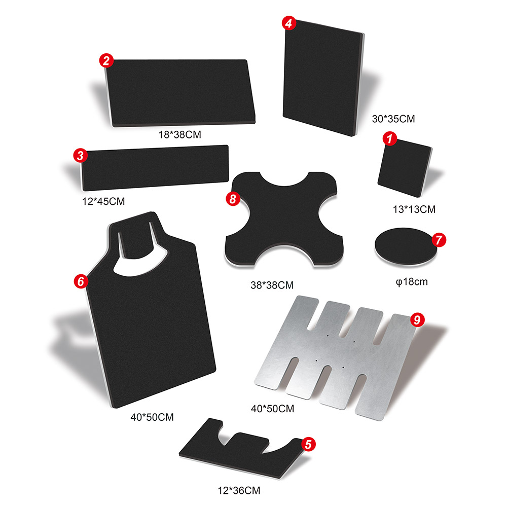 1) placa de etiqueta de 13 x 13 cmOP1838 …… 18 x 38 cm Placa de pantalones OP1245 …… 12 x 45 cm de placa de manga OP3035 …… 30 x 35 cm Mini camisa plato OP1236 …… 12 x 36 cm de zapato